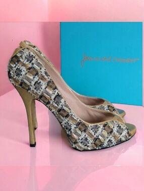 Jean-Michel Cazabat Tweed Metallic Peep Toe Pumps Silver Gold Luxury 40 US 10